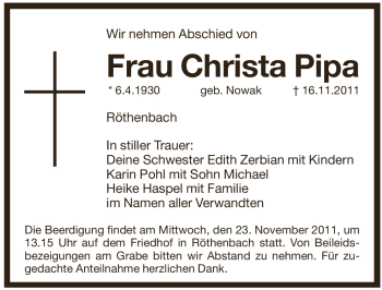 Traueranzeige von Christa Pipa von Pegnitz-Zeitung